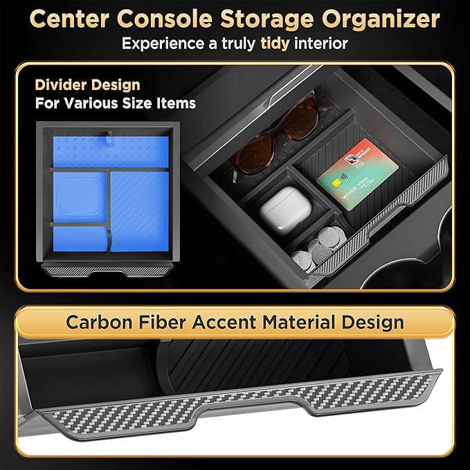 for Tesla Model Y Juniper(2025-2026) & Model 3 Highland(2024-2026) Center Console Organizer [Slide Smoothly & Carbon Fiber] Sunglasses Cup Holder for Tesla Model 3 Model Y Accessories Black