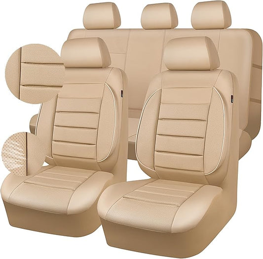 CAR PASS Leather Seat Covers Full Set Universal Water Resistant 3D Foam Back Support, Luxury Comfort Automotive 5 Seat Covers All Season Fit for SUV,Sedan,Van, Airbag Compatible Elegance (Beige)