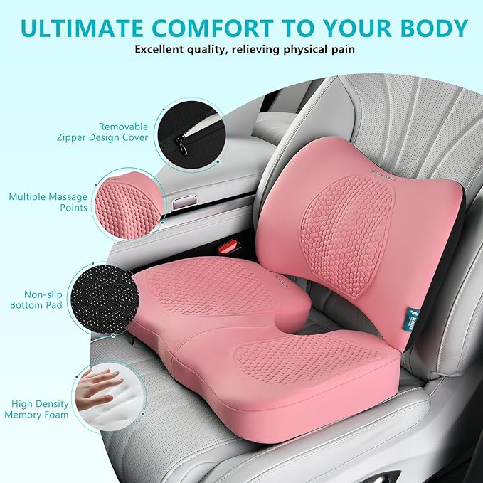 FLORICH Car Seat Cushion and Back Support for Office Chair Memory Foam Chair Cushions Pressure Relief Seat Pads with Gel Massage Point Lumbar Support (Light Pink)