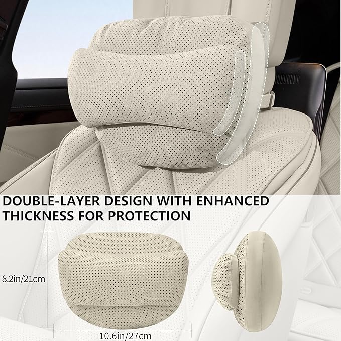 2 Pack Car Neck Pillow, Car Seat Headrest Neck Rest Cushion, Suede Car Headrest Pillow for Neck Support with Adjustable Strap, Universal Fit Cars SUVs Sedan Home Office (Beige)