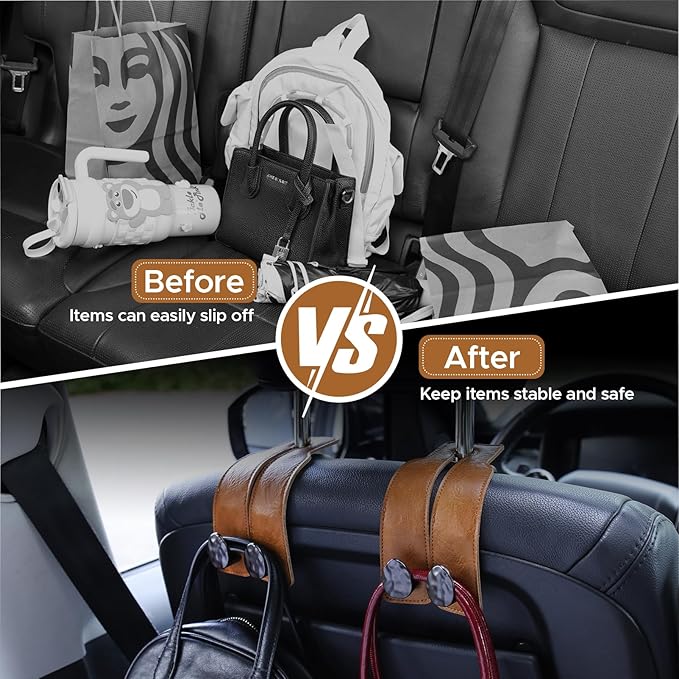 4 PCS Leather Car Seat Hooks for Headrest, Vehicle Hanger Storage Organizer Universal for Handbag Purse, Car Accessories Gift (Brown-Black-4 PCS)