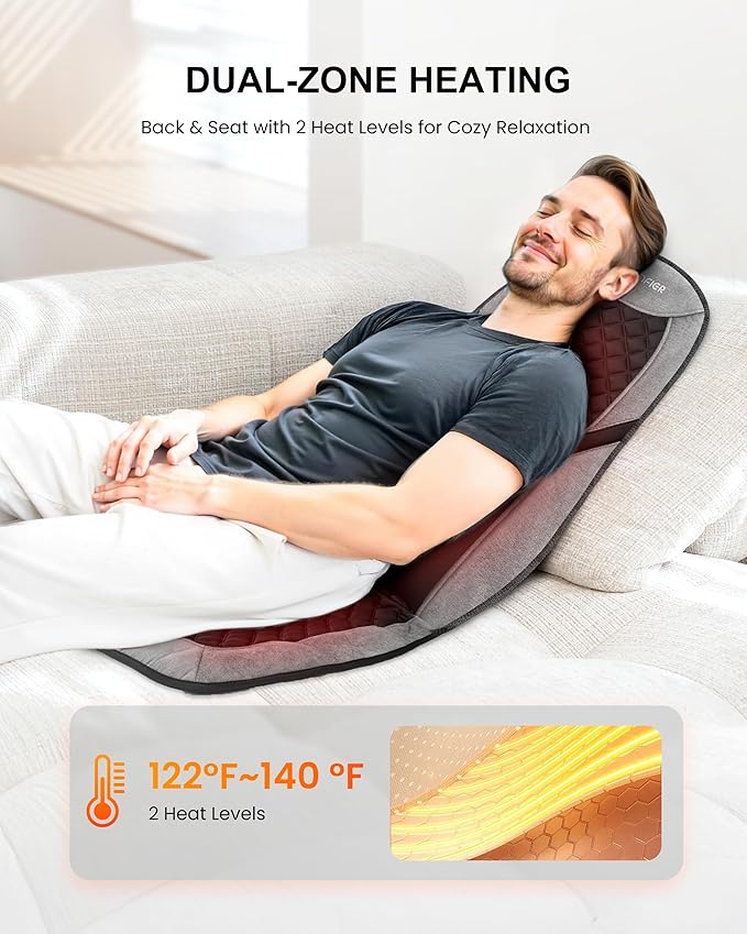 COMFIER Back Massager with Heat,Massage Chair Mat with Adjustable Lumbar Support,Seat Warmer Cushion with 8 Vibration Motors & 5 Modes & Bag,Office Chair Massage Pad for Recliner,Gifts for Mom Dad