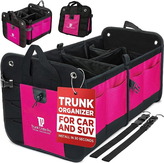 TRUNKCRATEPRO Pink Car Accessories For Women, Trunk Organizer For Car, Suv, Jeep Premium Adjustable Multi Compartments Collapsible (Large Capacity)