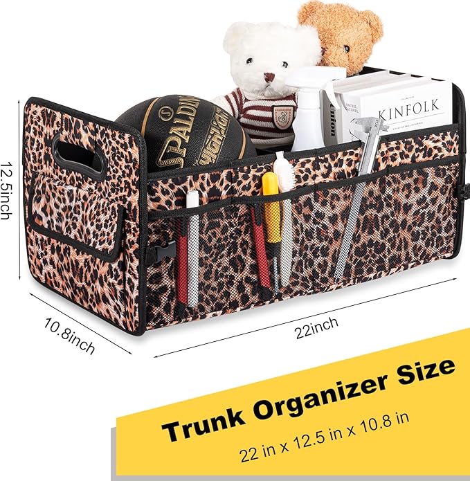 JiatuA Car Trunk Organizer, Car Organizers and Storage Collapsible Multi Compartment Container Box, Adjustable Car Accessories for SUV Sedan Truck, Standard Size, Leopard print