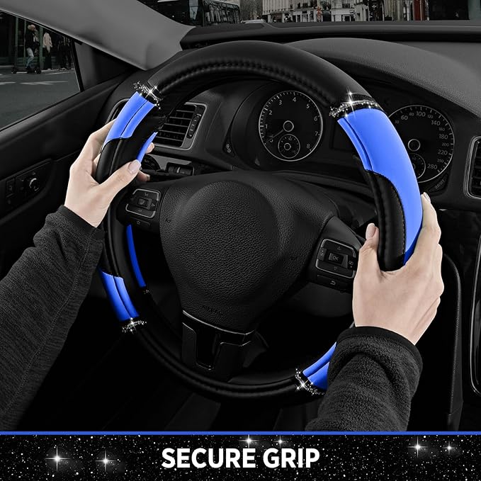 Road Comforts Leather Steering Wheel Cover - Made with PVC Leather - Anti-Slip, Universal Fit 14 1/2 inches to 15 inches - Blue