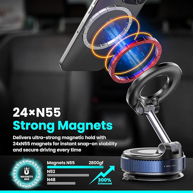 Ryvlan Carmount Vacuum Magnetic Phone Mount for Car– Magsafe Suction iPhone Stand, Content Creator Phone Holder & Car Mount, iPhone Holder for Dashboard & Windshield, Suction Cup Car Tripod