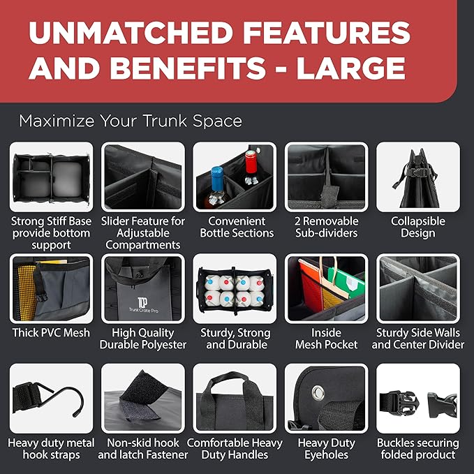 TRUNKCRATEPRO Trunk Organizer For Car, Suv, Truck | Premium Adjustable Multi Compartments Collapsible Car Trunk Organizer With Securing Straps & Non-Slip Bottom (Large Size, Grey)