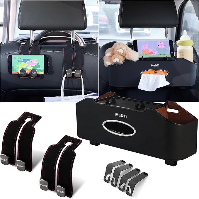 Mu&Ti Multifunctional Car Seat Back Storage Box with 2 Cup Holders, Tissue Box, Hook and Trash Bag- Ideal for Family and Travel (Black)