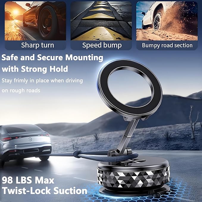 New Vacuum Magnetic Car Phone Holder 360° Rotation Upgraded Reinforced 98LBS Ultra Suction Cup & N52 Magnetic Force Car Mount for Mag-Safe Cell Phone Holders for Your Car/Gym/Mirror Mount