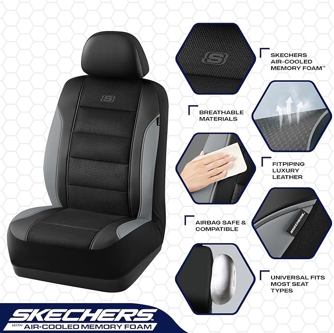 Skechers Aircooled & Memory Foam Seat Covers,Premium Leather with EVA Mesh Car Seat Covers,Seat Cover Full Sets,Airbag Compatible Automotive Comfort for Most Cars, Vans, Trucks, SUV,Grey