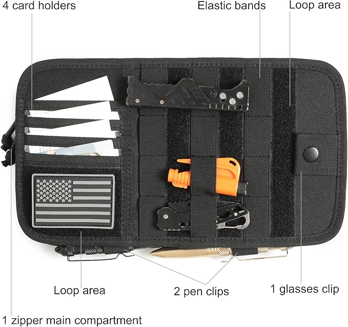 Heavy Duty Molle Car Sun Visor Organizer - Tactical Car Accessories with Zipper Visor Storage Pouch,Glasses Clip and Card Sleeve Pocket, Multi-Pocket Visor Organizer Storage Pouch for Cars SUVs Trucks