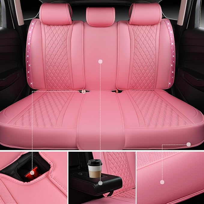 CAR PASS Pink Nappa Leather Car Seat Covers for Full Seats, Bling Diamond Waterproof Seat Protectior Universal Fit Auto SUV Sedan Truck Glitter Sparkly Shining Rhinestone for Women Girl, Pink Leather