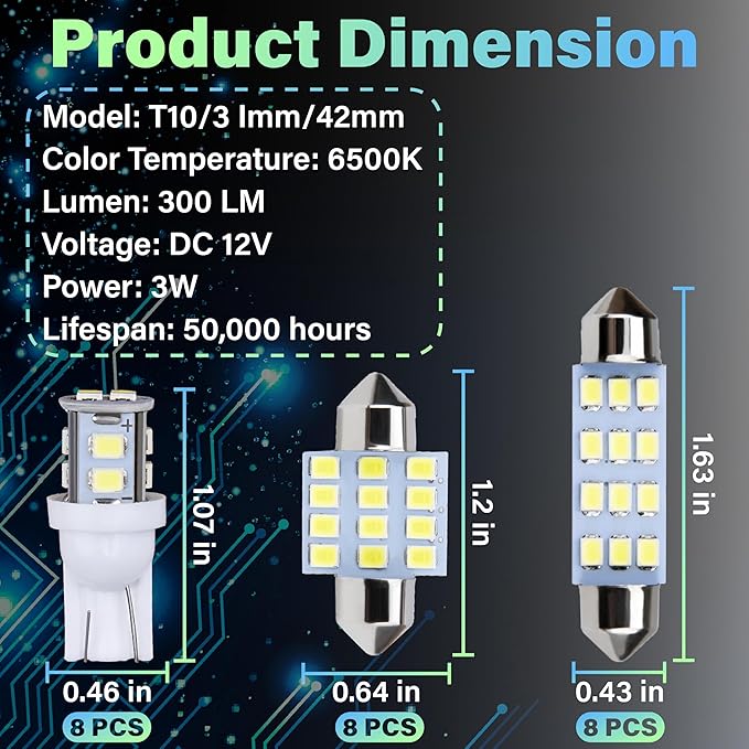 24 PCS Interior Led Dome Lights for Cars, 194 T10 DE3175 578 31mm 42mm Luces Led Para Carro, Accesorios Para Carro for Car Map License Plate Door Side Marker Cornering Trunk Light (White)