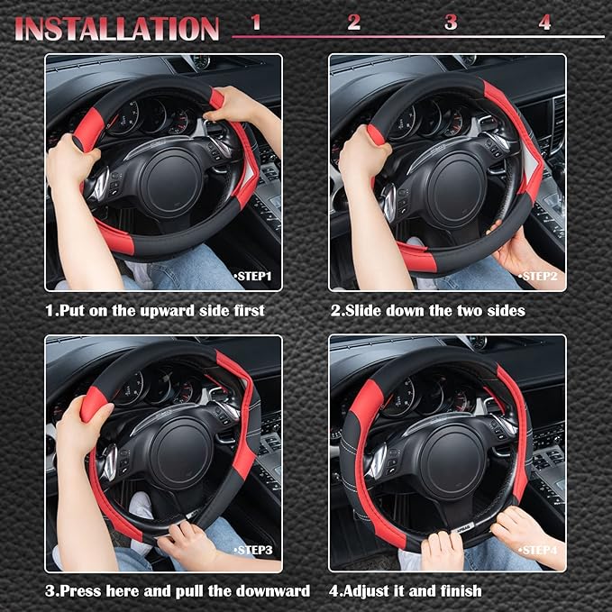 CAR PASS Line Rider Microfiber Leather Sporty Steering Wheel Cover Universal Fits for 95% Truck,SUV,Cars,14.5-15inch Anti-Slip Safety Comfortable Desgin (Black-Red)
