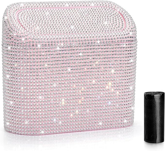 Accmor Bling Car Trash Can with Lid, Leakproof Mini Vehicle Trash Bin Automotive Dustbin Organizer Storage, Sparkling Crystal Rhinestone Trash Bag Container with 30pcs Garbage Bags Car Accessories