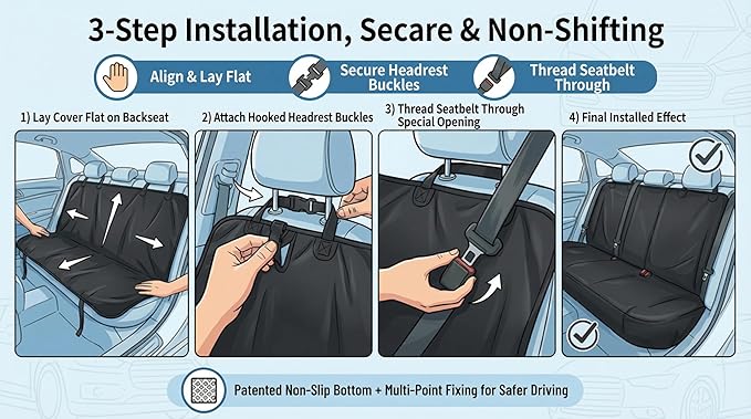 Dog Hammock Car Seat Cover - 100% Waterproof 600D Heavy Duty | Scratch-Proof Nonslip Back Seat Protector with Side Flaps for Cars, Trucks, SUVs (Black/Thin)