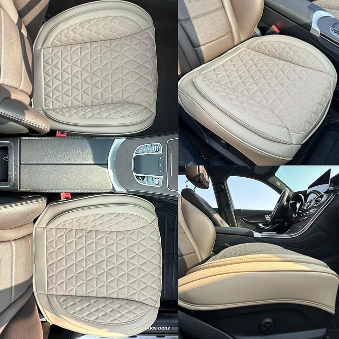 2 Pack Leather Front Car Seat Cover Bottom Only, Anti-Slip Padding Seat Cushion, Full Wrap Seat Protector with Storage Function Universal Fit for Most Cars, SUV, Pick-up Trucks (Beige)