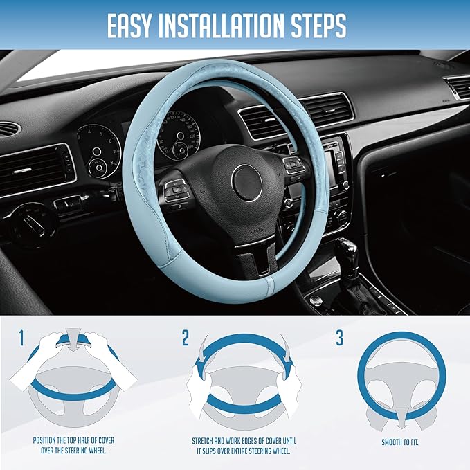 PIC AUTO Steering Wheel Cover, Light Blue Patterned Leather Patchwork Design, Universal Fit 14.5"–15.5", Anti-Slip, Odor-Free, Soft PU Grain Leather, Durable Grip Car Accessory for Girls & Women