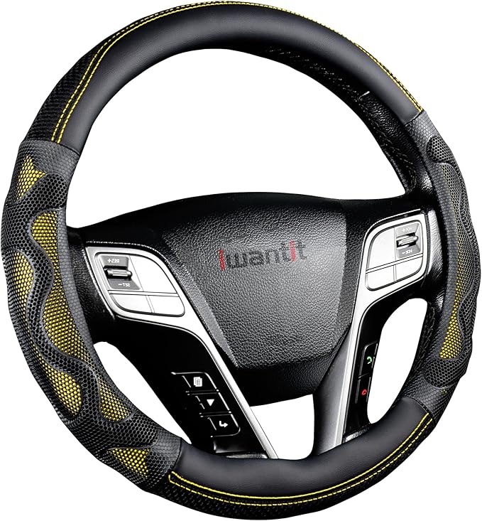 Iwantit® Steering Wheel Cover with 3D Honeycomb Anti-Slip Design and Breathable Fabrics and Pu Leather, Universal 14.5-15 Inch (Yellow/Black)