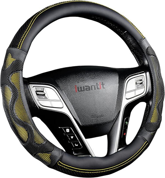 Iwantit® Steering Wheel Cover with 3D Honeycomb Anti-Slip Design and Breathable Fabrics and Pu Leather, Universal 14.5-15 Inch (Yellow/Black)