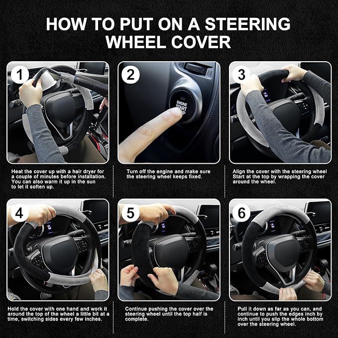 SEG Direct Steering Wheel Cover for Car, Standard Size 14.5-15 inch, Auto Interior Accessories, Warm Plush, Summer Winter, Black and Gray
