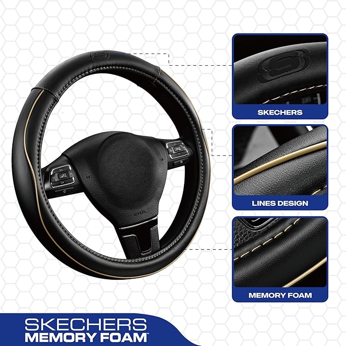 Skechers Memory Foam Steering Wheel Cover,Piping Microfiber Leather Steering Wheel Cover Sporty Universal Fit 14" 1/2-15" Car Wheel Protector for Men Women Fit Suvs,Vans,Sedans,Car,Trucks,Beige