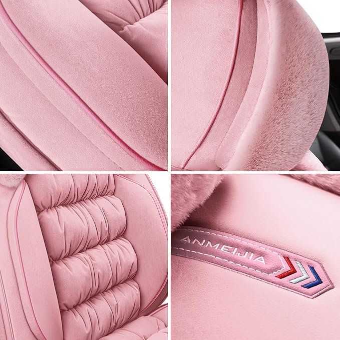 AOOG Fuzzy Car Seat Covers, Heated Bench Back Cushion Protector for Cars SUV Trucks(Full Set,Pink)