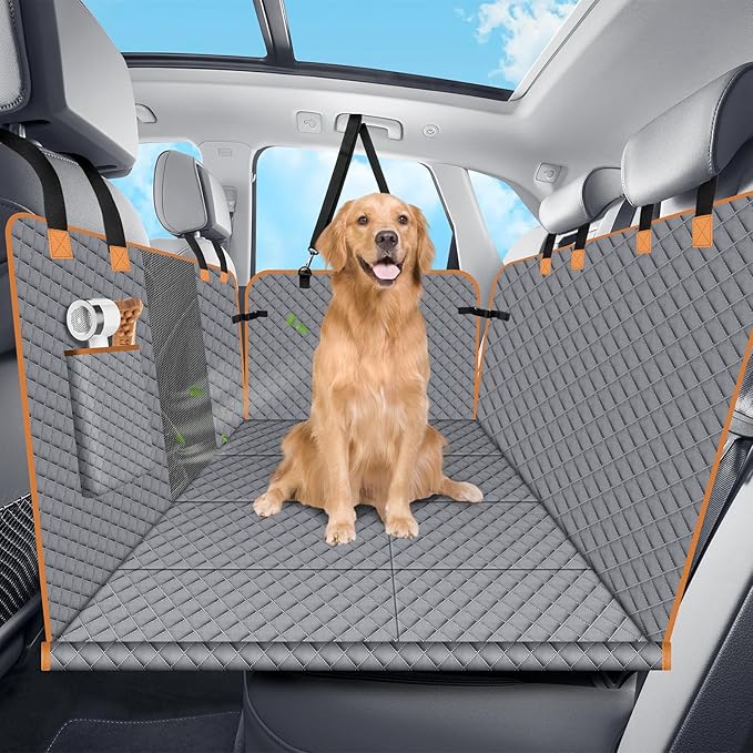 Dog Car Seat Cover for Back Seat, Hard Bottom Holds 420lbs Dog Hammock for Cars SUVs Trucks, Easy to Clean, Waterproof Scratch-Proof Nonslip Backseat Extender for Dogs 4 Panels