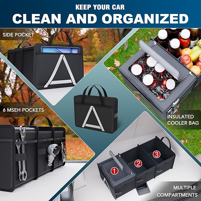 K KNODEL Sturdy Car Trunk Organizer with Premium Insulation Cooler Bag, 3 Compartments Heavy Duty Collapsible for Car, SUV, Truck, or Van (Medium, Black)