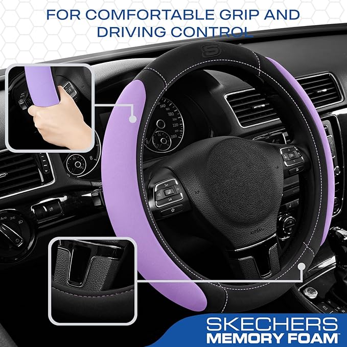 Skechers Steering Wheel Cover, Memory Foam Car Steering Wheel Cover,14.5-15inch Anti-Slip Safety Comfortable Desgin, Universal Accessory for Diverse Cars, Truck,SUV (Black & Purple)