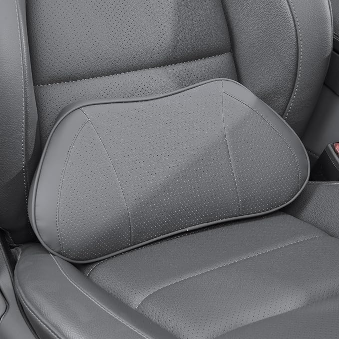 Lumbar Support Pillow for Car, Premium Leather Memory Foam Lumbar Cushion for Lower Back Pain Relief, Universal Back Support for Driving, Home & Office Chairs, Gray, 1 Pack