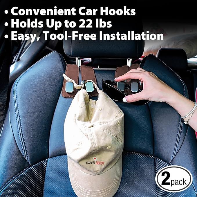 Car Seat Hooks 2 Pack, Leather Headrest Hooks for Car with Double-Hook Design, Durable Headrest Hook Bag Holder Purse Hanger, Organizer for Seat Back in SUV, Truck, Vehicle, Brown