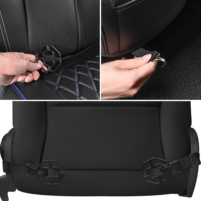 CAR PASS 2 Pack Leather Front Car Seat Covers, Bottom Seat Covers Full Wrapped with Storage Pocket, Anti-Slip PU Seat Protectors,Waterproof Seat Cushion Pad Universal Fit Sedan SUV Truck, Black/Blue
