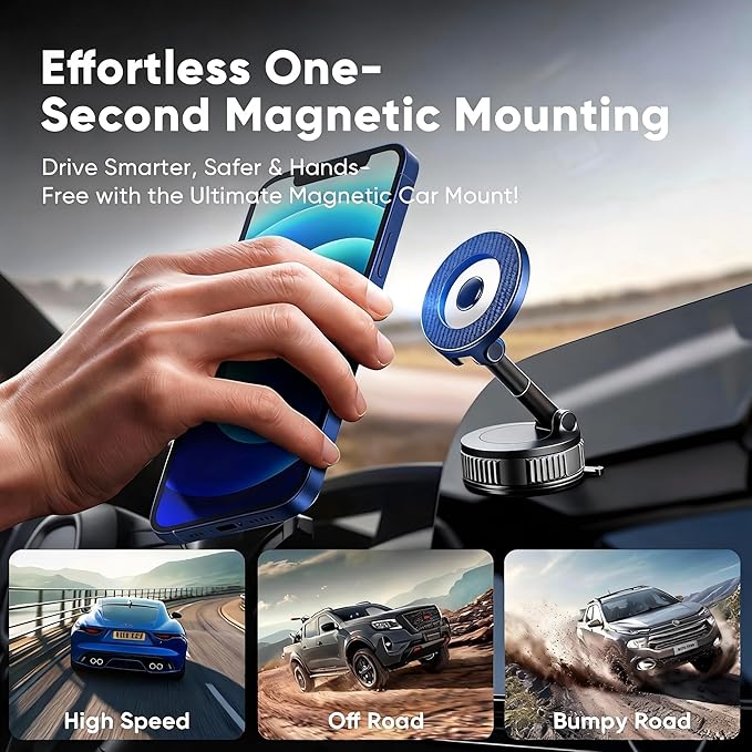 Magnetic Car Phone Holder for MagSafe, 120+ LB Suction Cup & 2800gf Magnetic Force, 360° Adjustable Mount for iPhone Pro Max/Plus & MagSafe-Compatible Android Phones (CHH12)