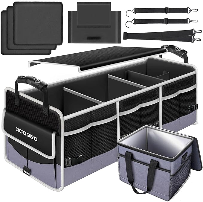 Car Trunk Organizer with Portable Leak Proof Cooler Bag, 3 Compartments Collapsible Car Organizers and Storage with Foldable Cover, Christmas Gifts, Suitable for SUV, Auto, Truck, Minivan