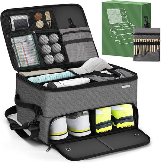 Golf Trunk Organizer for Car SUV with Shoe Compartment & Divider | 2-Layer Golf Storage Bag for Balls, Tees, Accessories | Waterproof Golf Locker Gift for Men, Dad, Golfers
