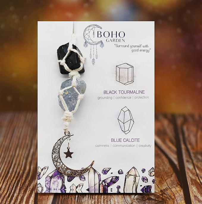 BOHO GARDEN Hanging Car Charm - Black Tourmaline & Blue Calcite - Dangling Moon & Healing Crystal Accessories, Rearview Mirror Decorations - Confidence, Calmness, Creativity, Protection, Communication