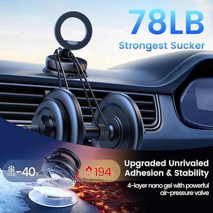 Car Phone Holder for Magsafe—360° Rotation and Dual-axis Adjustment Phone Mount, Up to 78LBS Suction, Compatible with Magsafe Case, for iPhone 17, 16, 15, 14, 13, and 12 Series.
