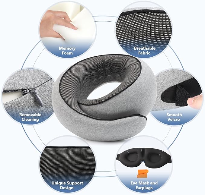 Advanced Memory Foam Neck Travel Pillow, Neck Pillow Airplane with Eye Mask & Ear Plugs, Designed for The Comfort of Travel & Office, Travel Pillow for Plane, Car, Home, Work， Grey