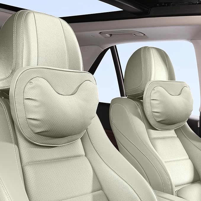 Car Neck Pillow [No More Pressure] Soft Comfortable Premium Leather Headrest with Adjustable Strap – Ergonomic Support for Driving, Office & Gaming, Off White (Beige), 2 Pack