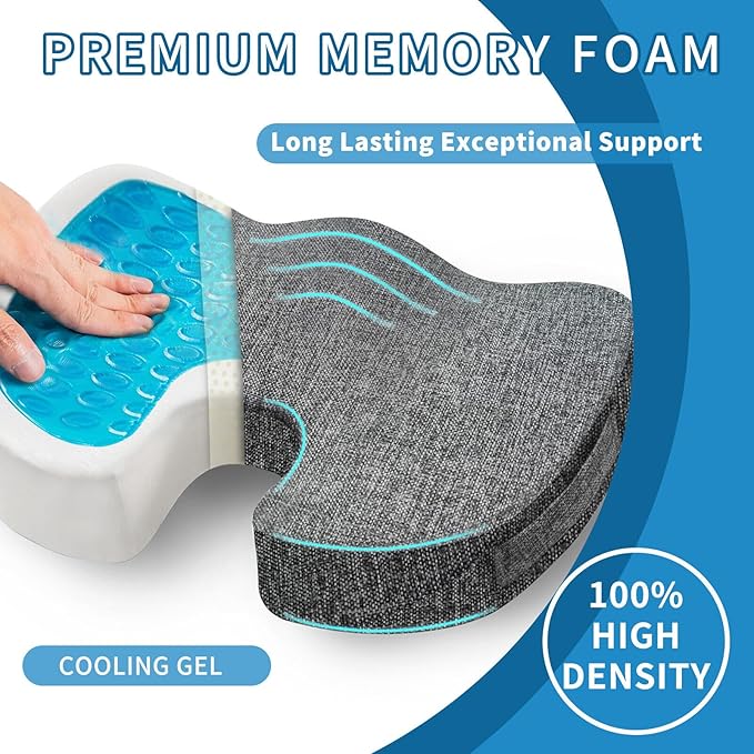 Gel Memory Foam Seat Cushion for Long Sitting with Removable Cover – Cooling Breathable Support for Tailbone, Coccyx, Sciatica, Back Pain Relief - for Office Chairs, Car Seat, Wheelchair (Blue)
