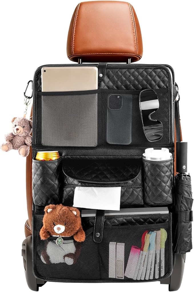 Car Seat Organizer with Foldable Table Tray - 11 Storage Pockets PU Leather Backseat Organizer with Tablet Holder, Seat Back Protector Kick Mat for Kids Family Road Trip Accessories (Black)