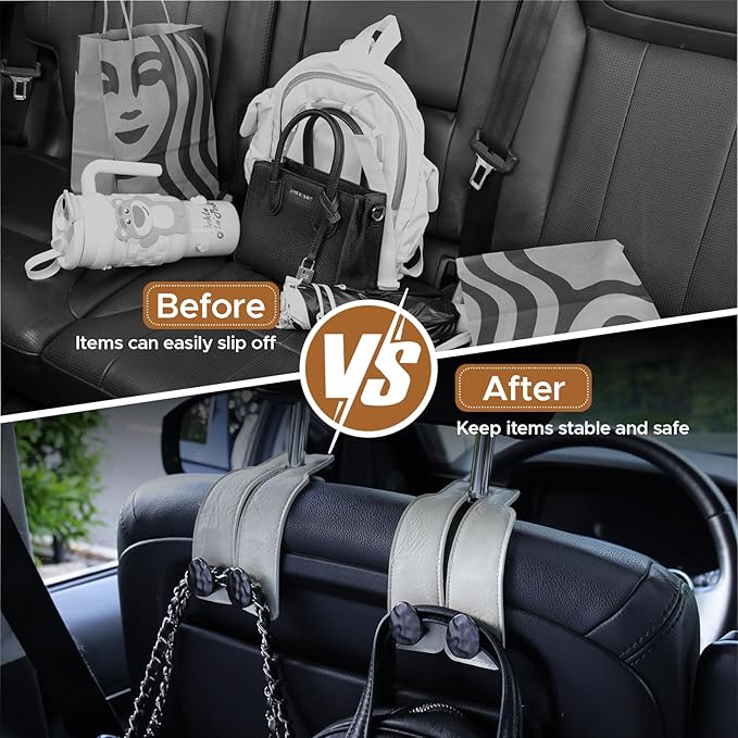 2PCS Leather Car Seat Hooks for Headrest, Vehicle Hanger Storage Organizer Universal for Handbag Purse, Car Accessories Gift (White-Black)