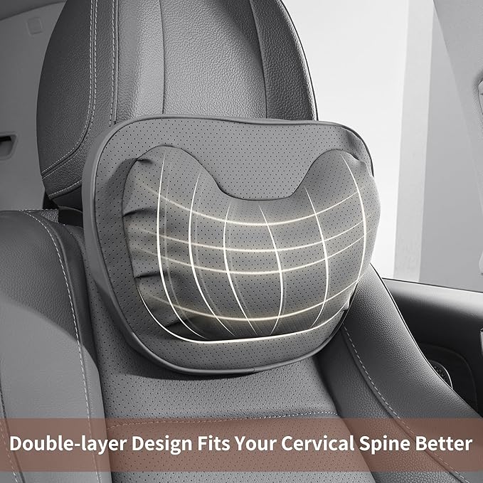 Car Neck Pillow [No More Pressure] Soft Comfortable Premium Leather Headrest with Adjustable Strap – Ergonomic Support for Driving, Office & Gaming, Gray, 1 Pack