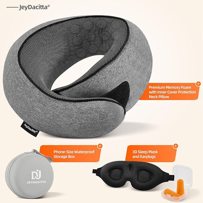 Premium Travel Pillow, Upgraded Memory Foam Neck Pillow, 360° Ergonomic Design Airplane Pillow Travel Pillows for Airplanes, Cars, Offices, Home Use, Large (Dark Gray)