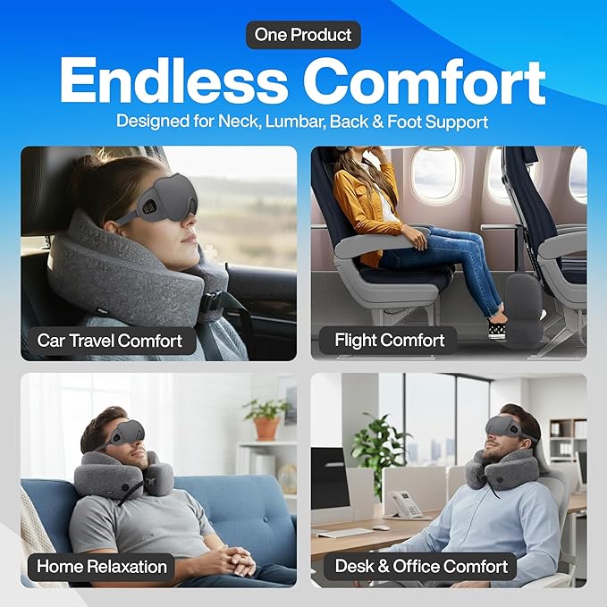 4-in-1 Travel Comfort Set – Inflatable Neck Pillow, Convertible Lumbar Support & Foot Hammock, 3D Sleep Mask & Ear Plugs – Complete Comfort Kit for Airplane, Office & Car – Gift-Ready (Gray)