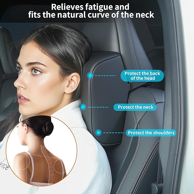 Car Headrest Pillow U-Shaped, Memory Foam Head Neck Support Cushion for Driving, Leather Head Rest Travel Pillows for Sleeping, Breathable Removable Cover, Black, 2 Pack