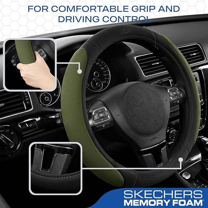 Skechers Steering Wheel Cover, Memory Foam Car Steering Wheel Cover,14.5-15inch Anti-Slip Safety Comfortable Desgin, Universal Accessory for Diverse Cars, Truck,SUV (Black & Olive)