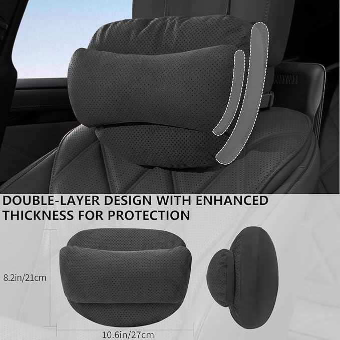 Car Headrest Pillow, Suede Car Headrest Pillow for Neck Support with Adjustable Strap, Universal Fit Head Rest Travel Pillow Car Pillow for Pain Relief (Black)