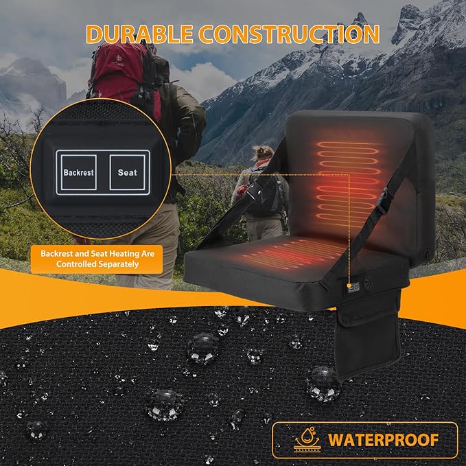 Nice C Heated Stadium Seat with Battery, Heated Seat Cushion, Heated Bleacher Seat, Stadium Seat with Back, Lightweight, Thick Padded with Carry Handle, Power Bank Included (2-P Heated Black)